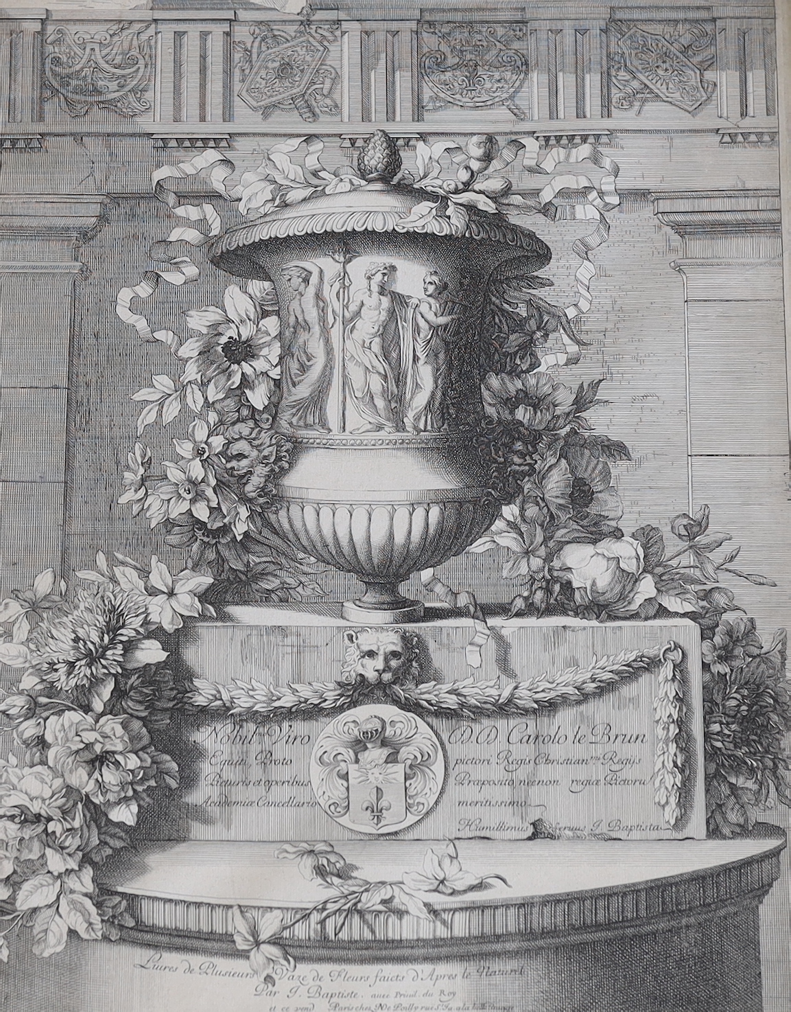 After Jean Baptiste Monoyer, engraving, 'Liures de Plusieurs Vaze de Fleurs ...', published c.1670, visible sheet 50 x 40cm